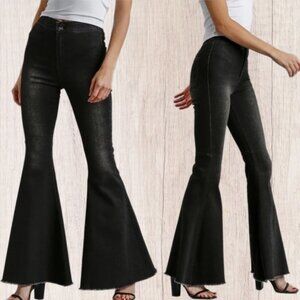 Umgee High Rise Fringe Hem Boho 70s Bell Bottom Stretch Denim Jeans Black New 1